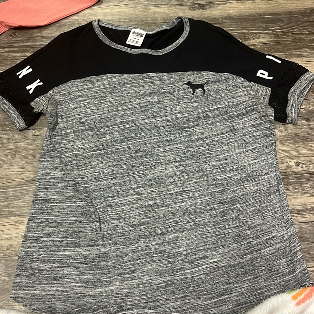 Pink, Victorias Secret size large grey black and white tee shirt